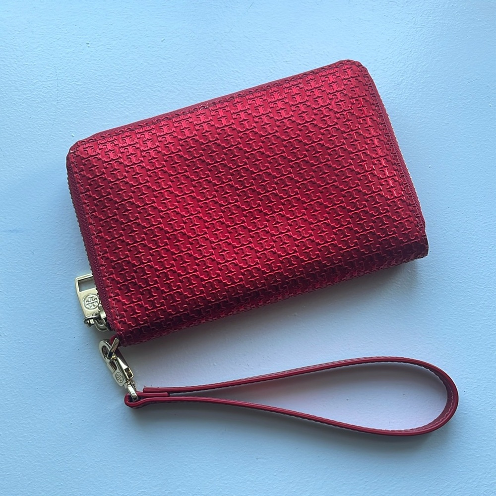 Tory Burch Wristlet Wallet. Red with monogram T and gold accents.